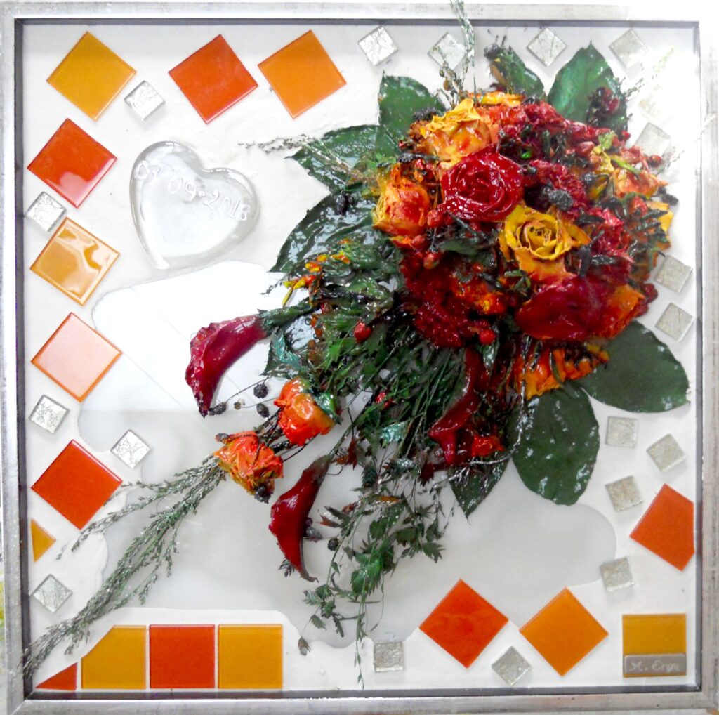 buket, pressede blomster, tørret buket, tørrede blomster, konservering af brudebuket.