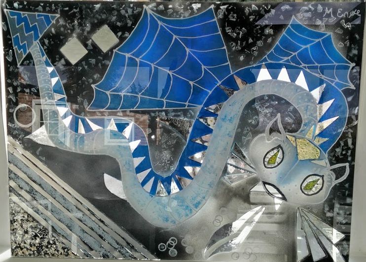 glaspatch glaskunst, glaskunst udstilling, glaskunst galleri, Kunstmosaik, mosaik, glaskunst, special opgaver, glaskunst bestilling, drage