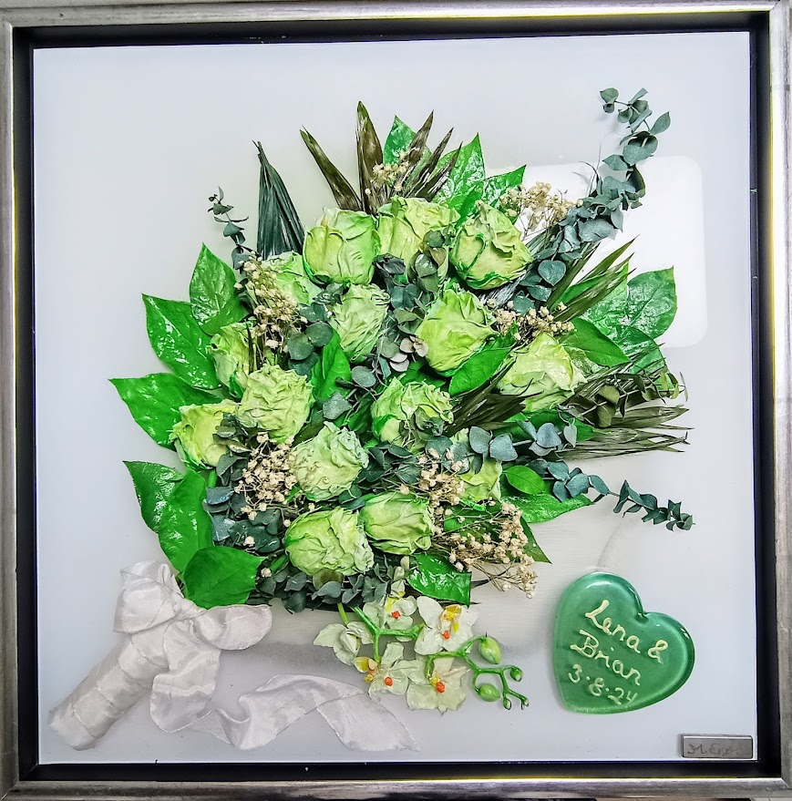 bevar brudebuketten, buket, brudebuket, ,pressede blomster, tørret buket, tørrede blomster, bevar brudebuket, presset brudebuket, presning af brudebuket, brudebuket i glas og ramme